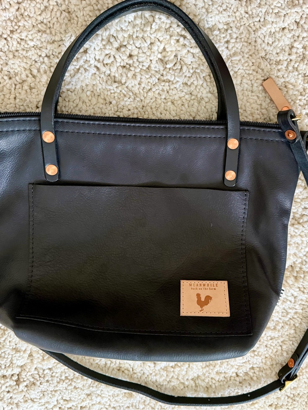 MEANWHILE BACK AT THE FARM Black Leather small Tote Brand new!